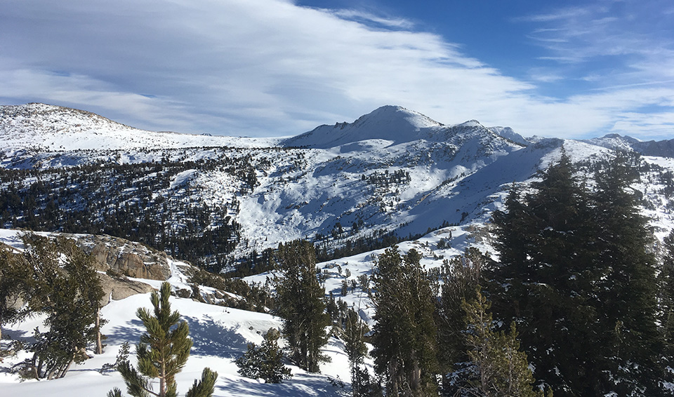 View of Yosemite high country and snow covered peaks on December 18, 2018