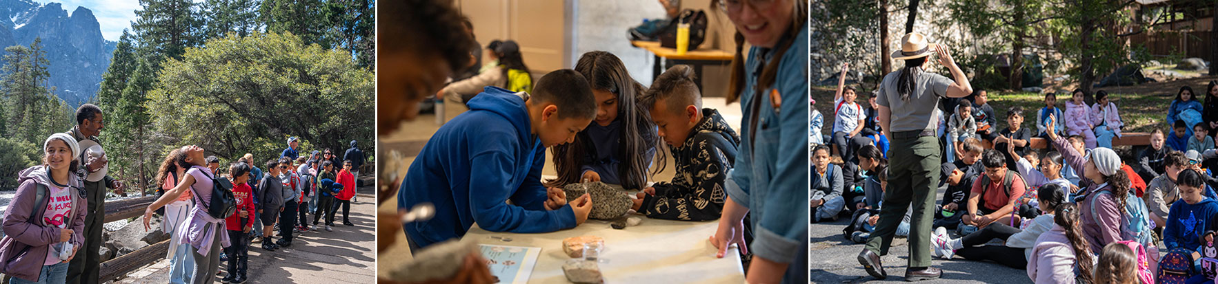 Images of student groups and park rangers during different field trips in Yosemite