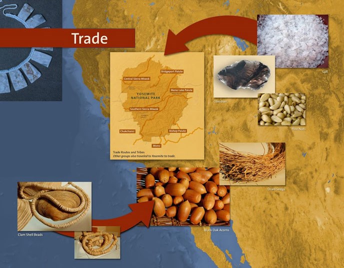 Trade Map showing Clam shell beads, black oak acorns, dried sage, pine nuts, obsidian and salt were just a few of the items traded among the tribes and other groups that traveled to and from Yosemite to trade.