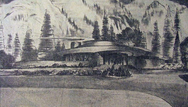 A black and white drawing of a building with many rounded elements, surrounded by trees
