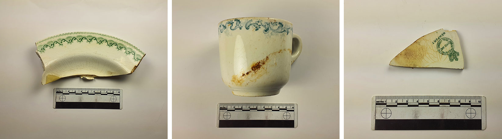 Left image: Broken plate, painted designs. Middle image: Old mug, painted designs. Right image: Ceramic shard, fragmented piece (most commonly found).