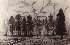 historic drawing of museum building on old paper