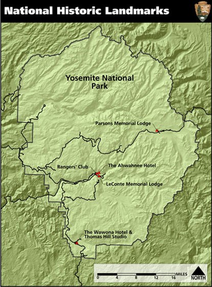 Boundary of Yosemite with fie marked National Historic Landmark properties
