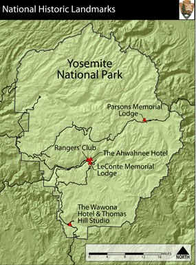 Boundary map of Yosemite with five marked locations