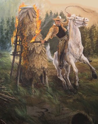 Man on a white horse carrying a whip and a torch setting fire to an acorn granary. Man on a white horse carrying a whip and a torch setting fire to an acorn granary.