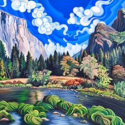 Painting of river with cliffs and waterfall in background.