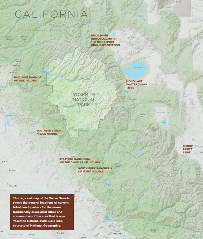 Map of Yosemite National Park and surrounding areas. It shows the rough location of the headquarters of the seven Traditionally Associated Tribes.
