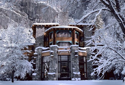 Winter scene of Ahwahnee Hotel exterior