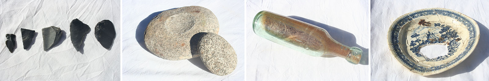 Images of artifacts: arrowheads, a plate, a mortar, and a clear bottle.