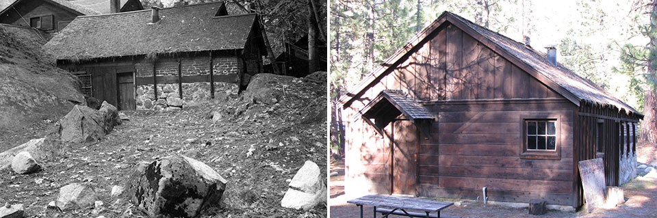 Historic photo of Degnan bakery and photo of bakery in history center today