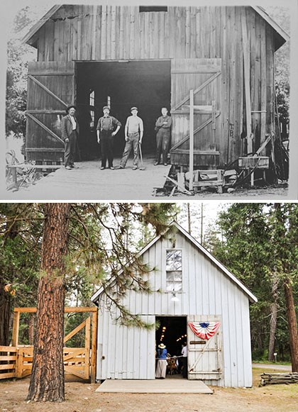 Top: Historic photo of the Gray Barn when it was used as a blacksmith shop; Bottom: Gray barn, present day