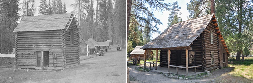 Historic photo of the Hodgdon Cabin in Aspen Valley on left, present day photo of building in Yosemite History Center in Wawona