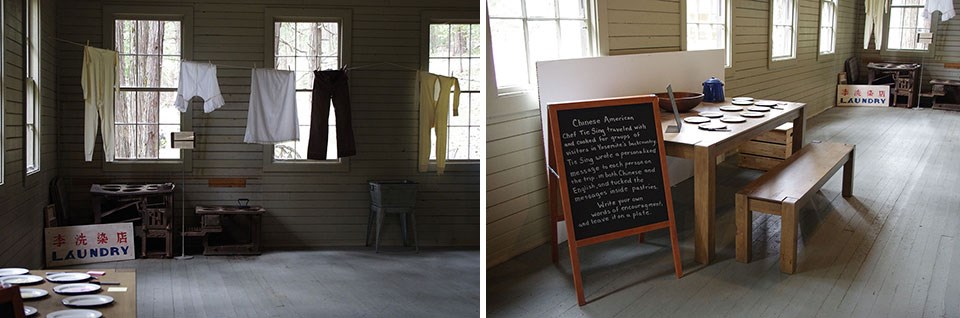 Left photo: Clothes drying on line in recreated interior of Chinese Laundry; Right: Table with plates and bench seating