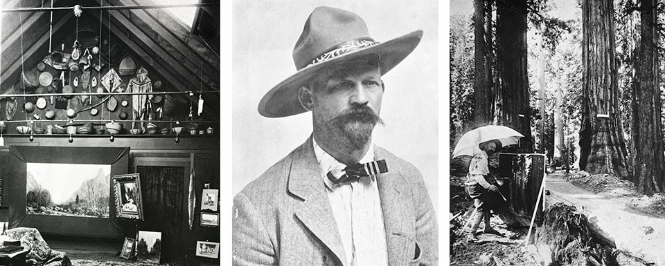 Left: historic photo of Yosemite Valley studio, Middle: Jorgensen at around age 55, Right: historic photo of Jorgenson painting in the Mariposa Grove