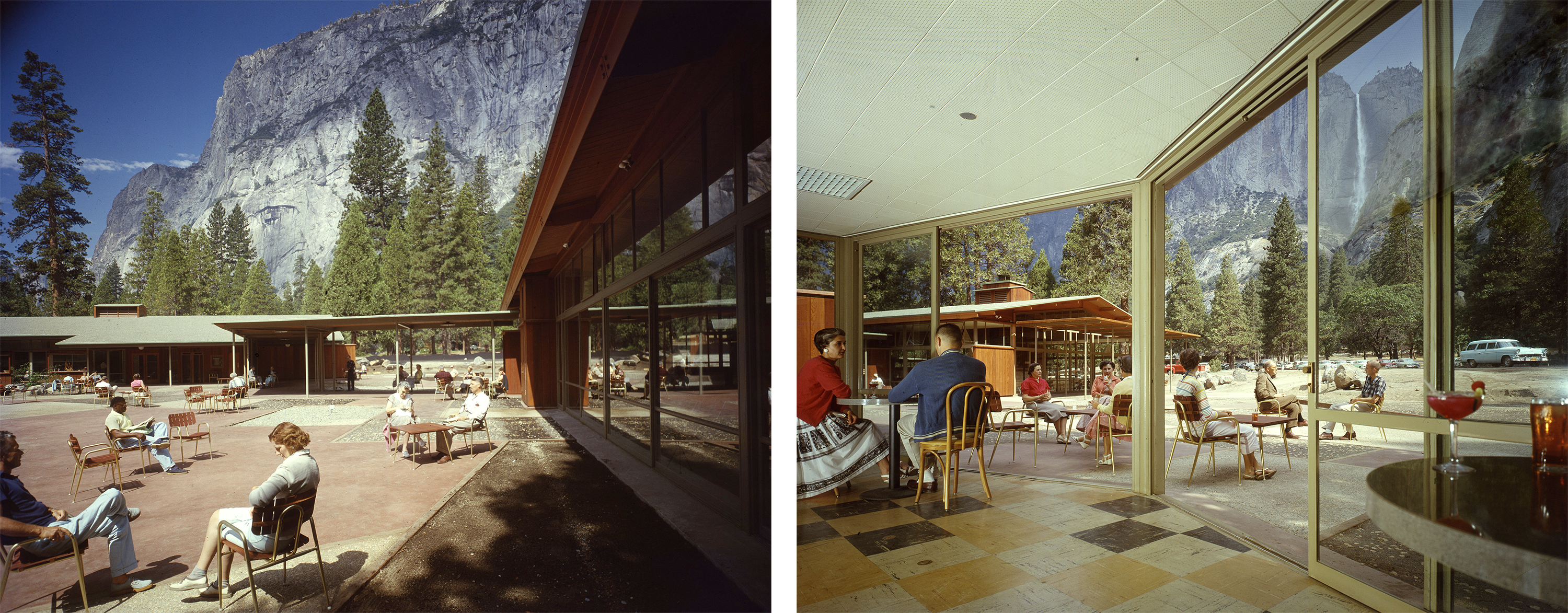 Two images side-by-side showing visitors seated both indoors and outdoors throughout a courtyard and inside a food service building; waterfalls and cliffs tower above