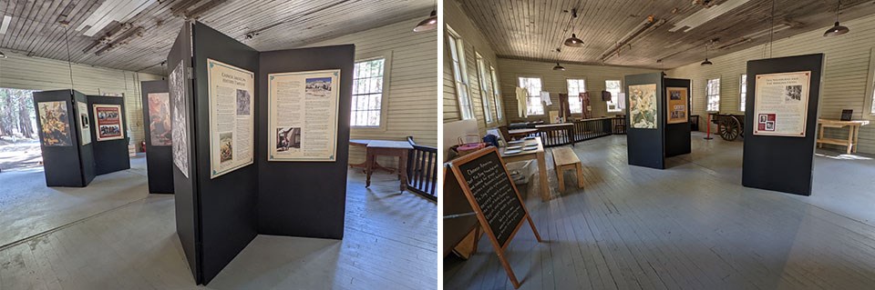 Left image: Exhibits within the renovated Chinese Laundry; Right image: Fuller view of renovated interior of building Left image: Exhibits within the renovated Chinese Laundry; Right image: Fuller view of renovated interior of building