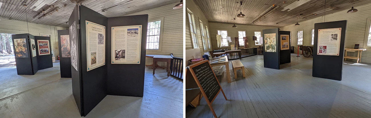 Left image: Exhibits within the renovated Chinese Laundry; Right image: Fuller view of renovated interior of building Left image: Exhibits within the renovated Chinese Laundry; Right image: Fuller view of renovated interior of building
