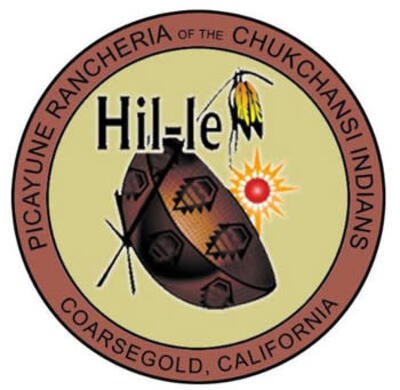 A graphic of a round yellow seal with a basket, feathers, a sun, and the word "Hil-le" in the middle. The border is red and has the words, "Picayune Rancheria of the Chukchansi Indians" and "Coarsegold, California."