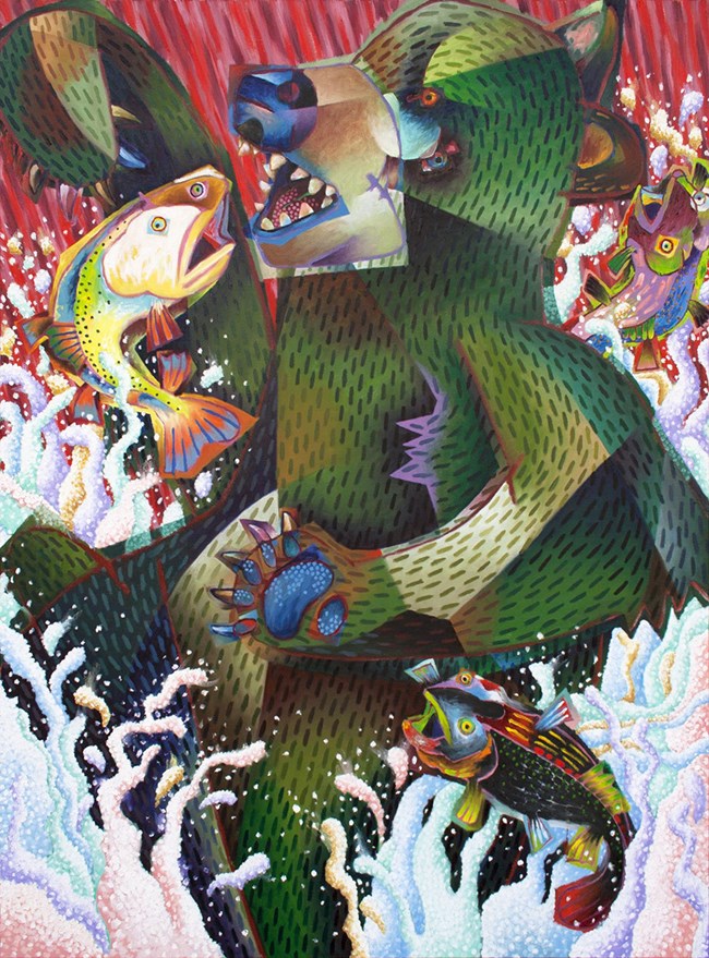 Rare Sighting oil painting by Trowzers Akimbo Abstract painting of a bear catching a fish