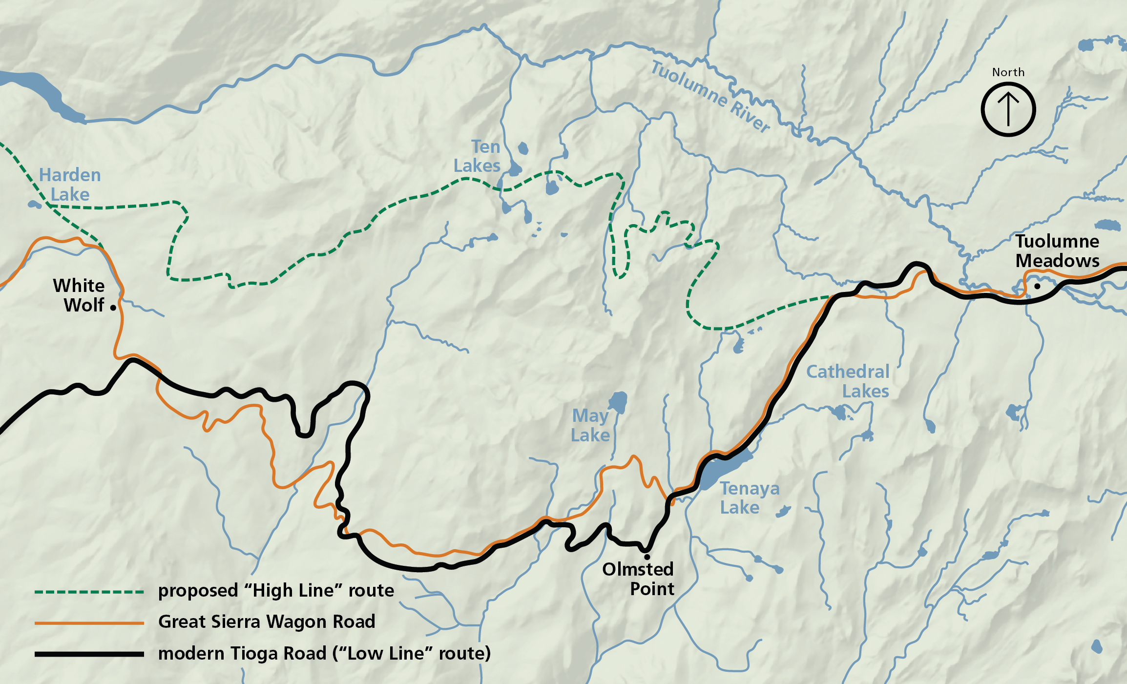 An illustrated map shows several routes through the Yosemite high country