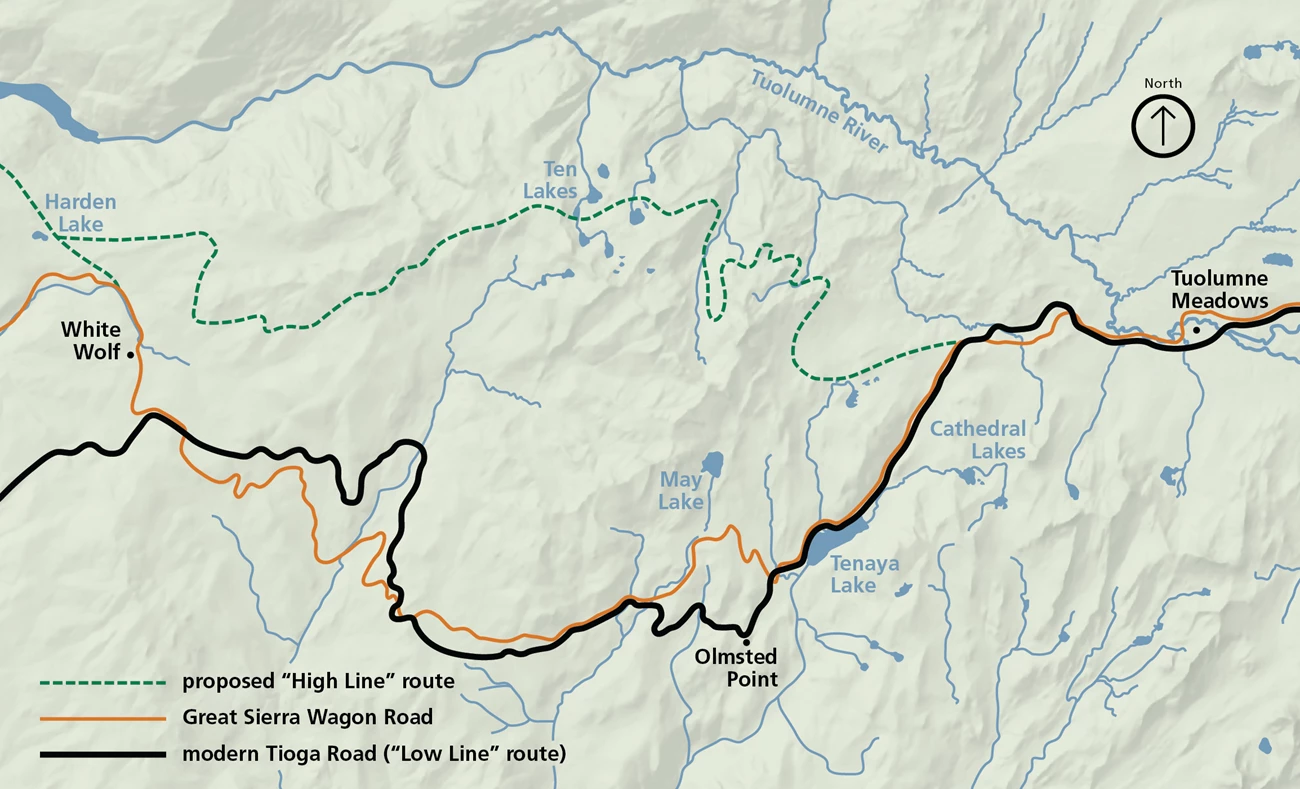 Tioga Road alignments An illustrated map shows several routes through the Yosemite high country
