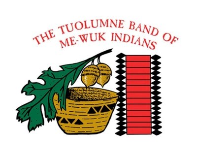 A graphic seal consisting of a green oak leaf with acorns above a woven basket next to a red flicker headband, all under the words, "The Tuolumne Band of Me-Wuk Indians."