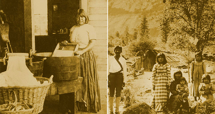 Photos of American Indians posing in front of their homes.