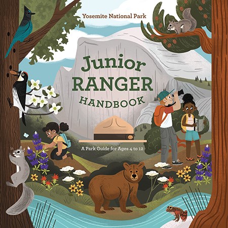Cover of Junior Ranger book which includes animal drawings, people exploring, Half Dome, and trees and flowers.