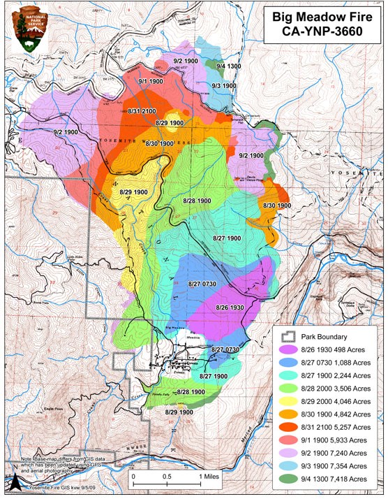 Colors show the daily progression of the Big Meadow Fire