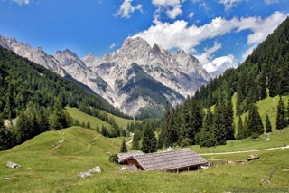 Cabin in a grassy area surrounded by trees, with glaciated peaks in the background