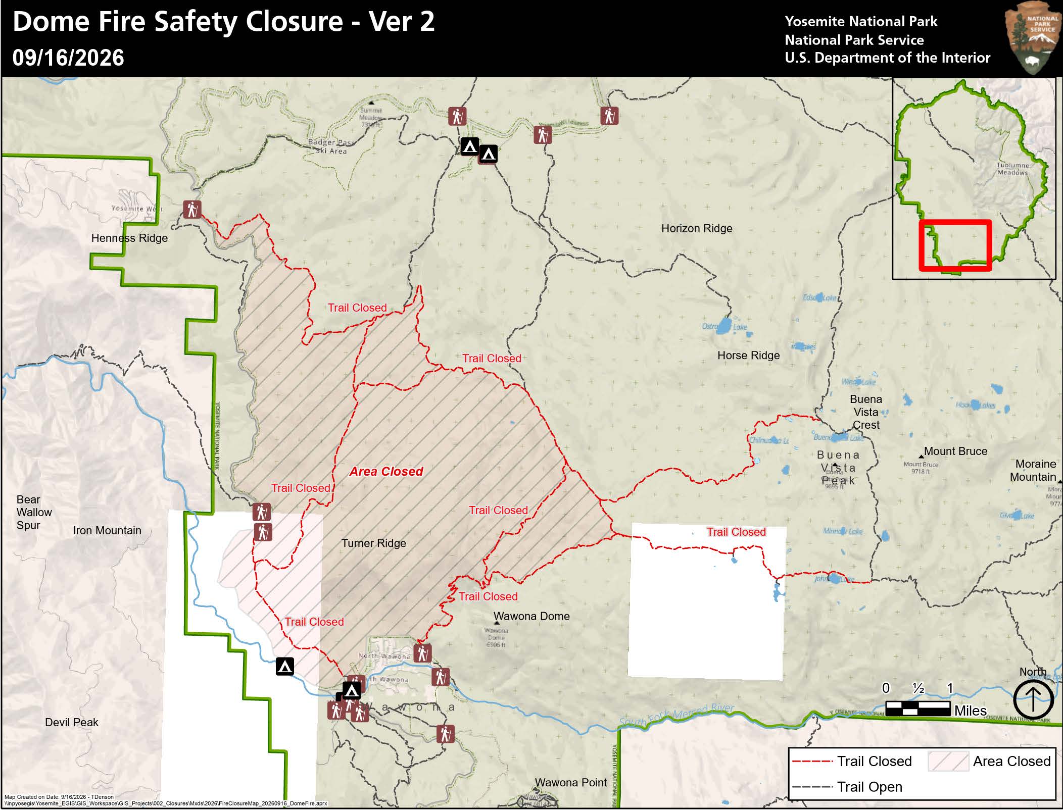 Map showing area closure from Chinquapin to Wawona, east of Wawona Road, to include trails and areas north of Wawona, north to northeast of Chilnualna Falls toward Buena Vista and Crescent Lakes, but not including trails to Ostrander Lake