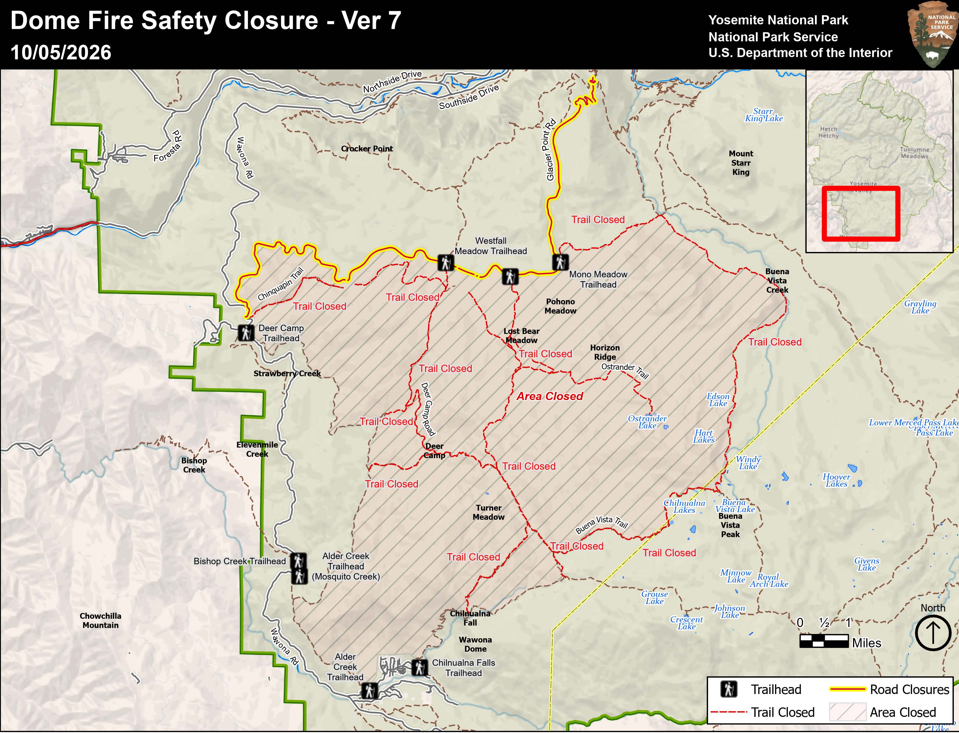 Map showing closed area east from Wawona Road, south from Glacier Point Road, north from Wawona and north of the Chilnualna Falls trail, extending east to Buena Vista Creek (south of Mono Meadow trail)
