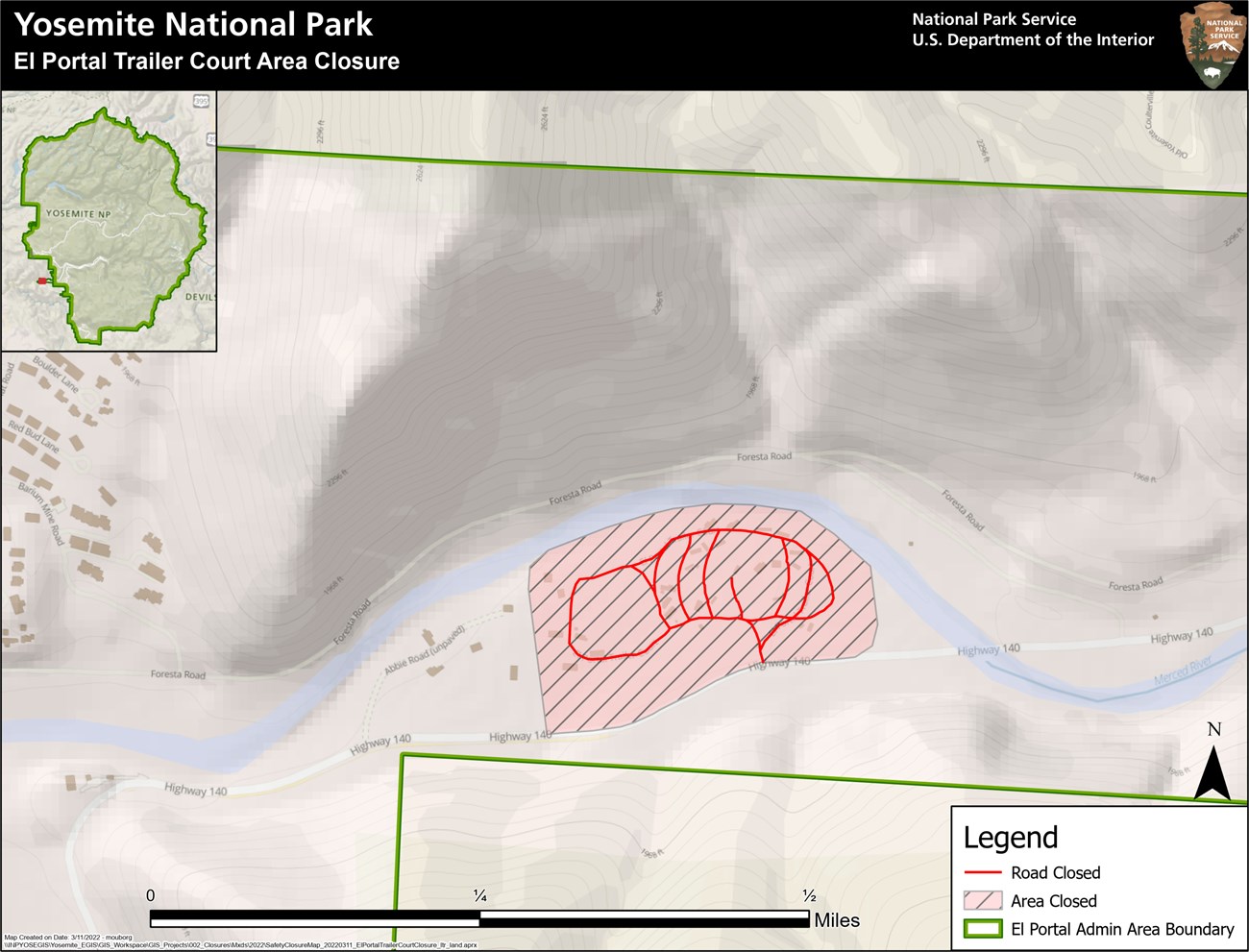 Map showing the area of the trailer court in El Portal