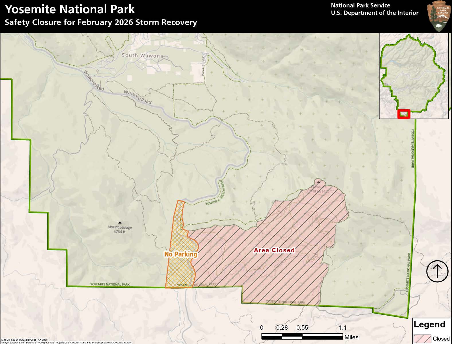 Map showing closed area including the Mariposa Grove, Mariposa Grove Road, Washburn trail, as well as no parking zone from the park boundary to a half mile north of the roundabout at South Entrance