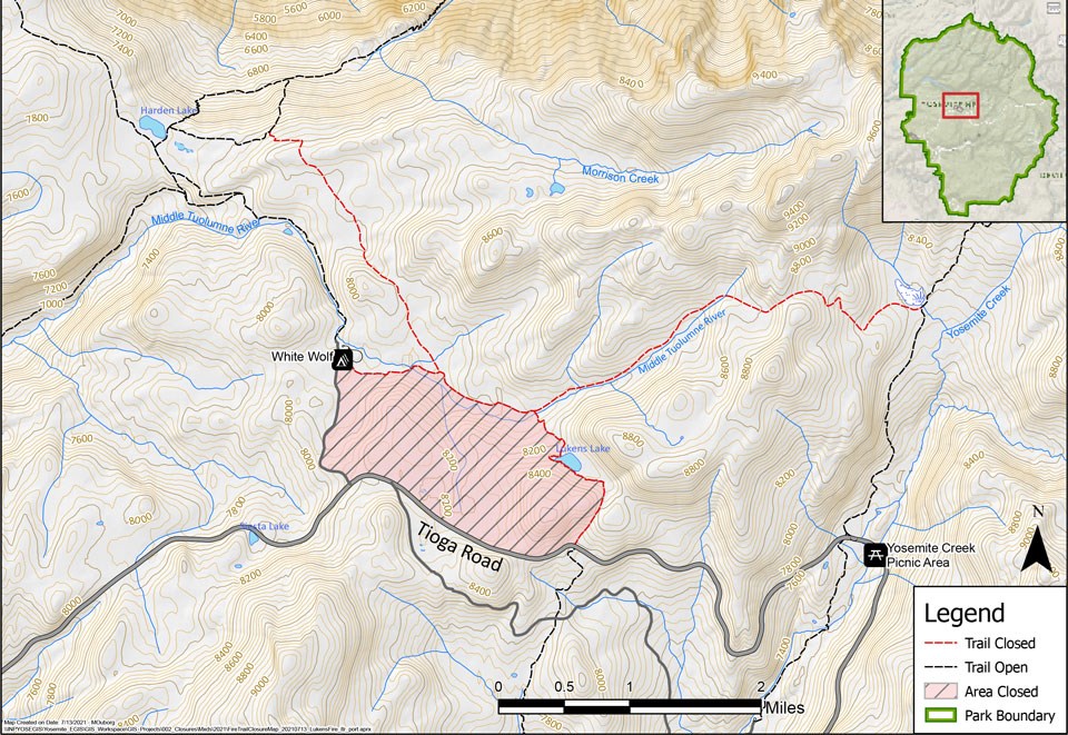 Map showing area and trail closure between White Wolf and Lukens Lake