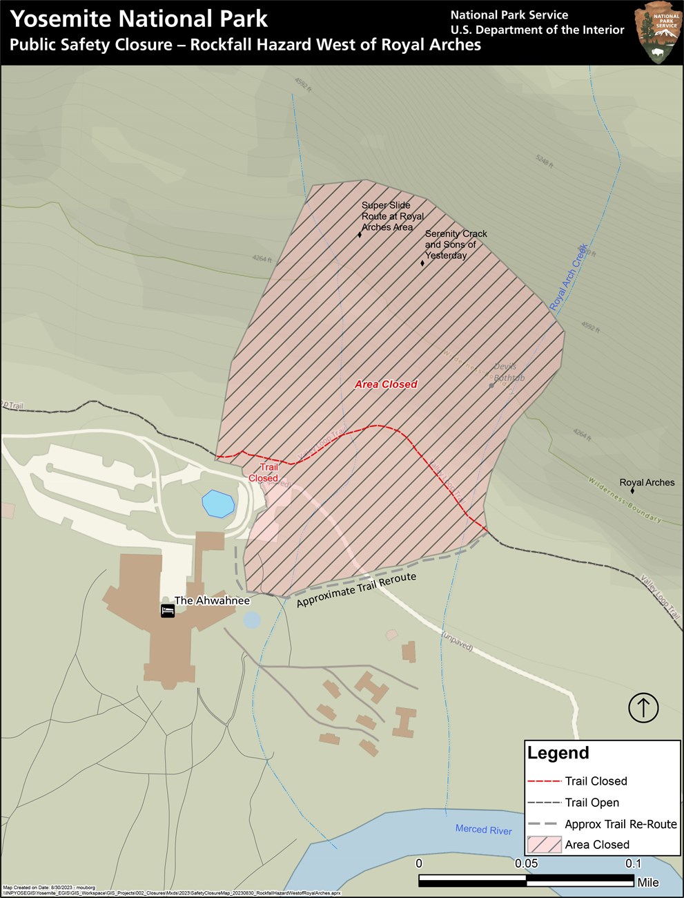 Map showing closure from the eastern portion of The Ahwahnee parking up on the cliffs to include Super Slide and Serenity Crack climbing routes