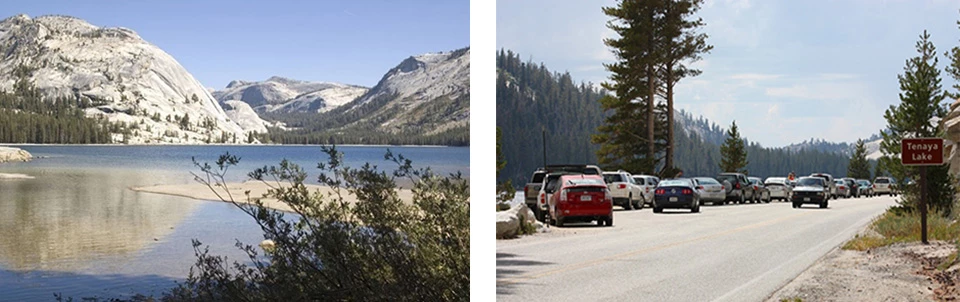 Tenaya Lake on the left, right photo shows excess cars in offroad parking near the lake Tenaya Lake on the left, right photo shows excess cars in offroad parking near the lake