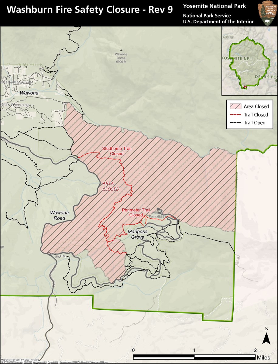 Map showing closed area along the western and northern sides of the Mariposa Grove