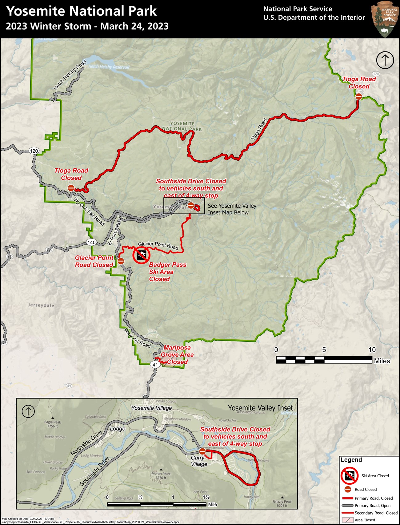 Map of Yosemite National Park showing Tioga Road, Glacier Point Road, roads in Yosemite Valley from Curry Village eastward as closed; Mariposa Grove area also closed
