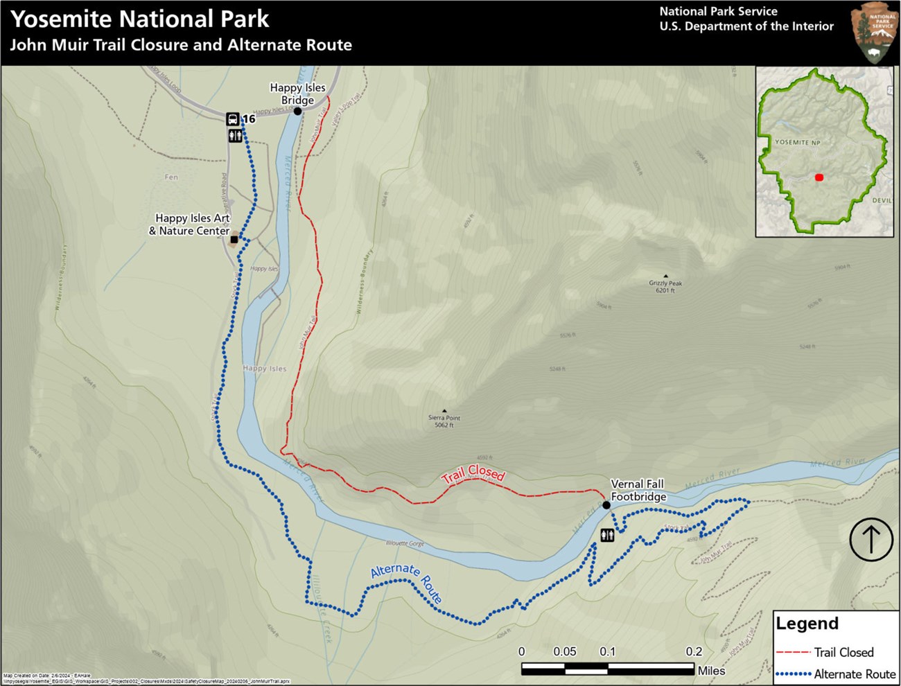 Map showing the trail below Vernal Fall footbridge closed with a detour on the stock trail on the west side of the river