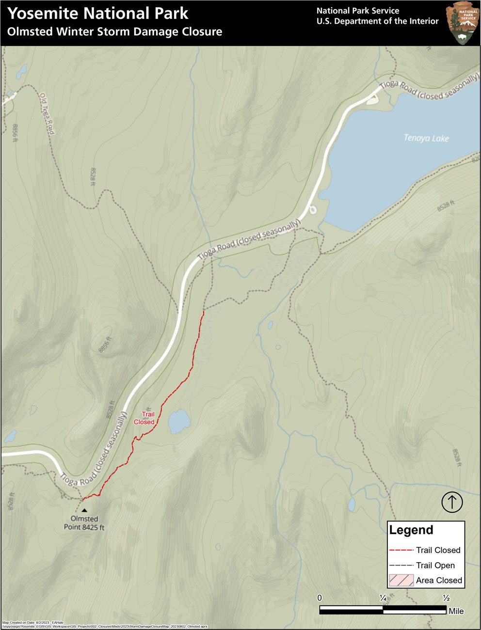 Map showing trail closed east/north from Olmsted Point to the next trail junction