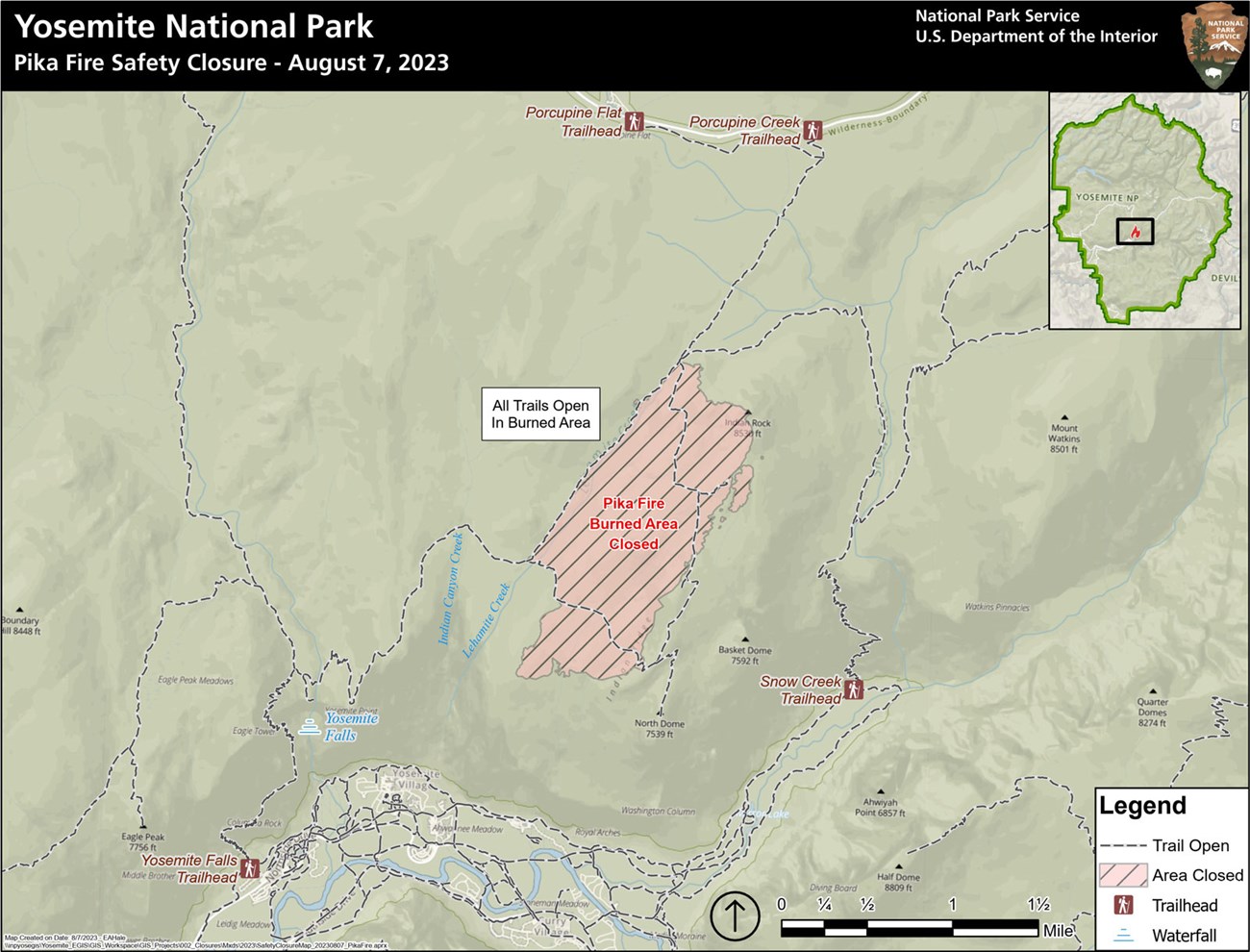 Map showing an area closure (except the trails) for the area north and west of North Dome.