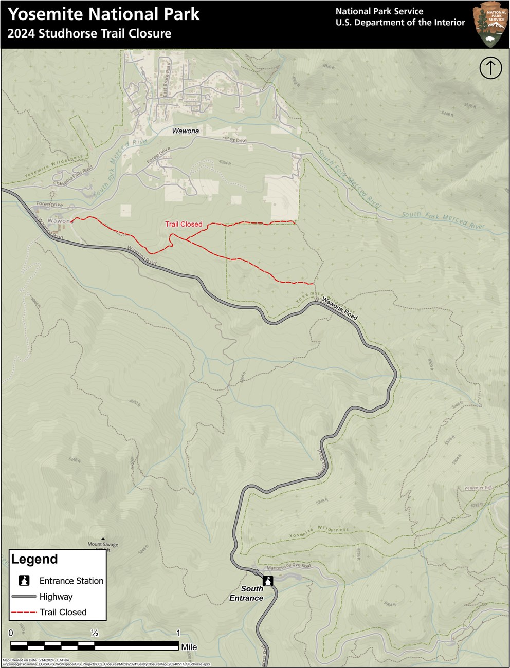 Map showing trails closed between Wawona Hotel and where they meet Wawona Road to the south/east
