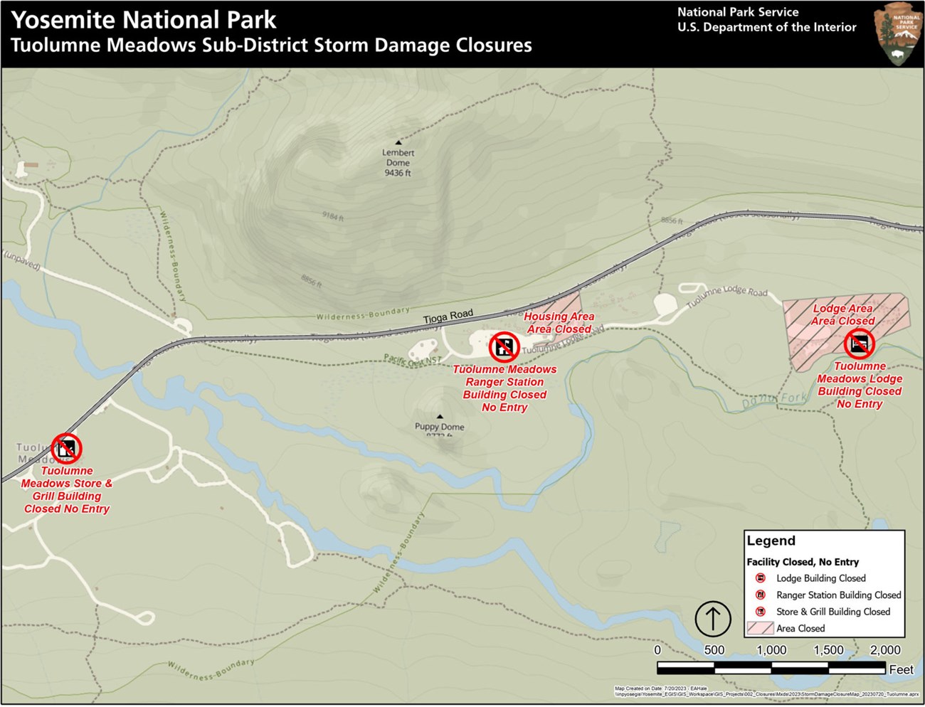 Map showing closed areas at Tuolumne Meadows Store, Lodge, NPS housing area, and ranger station