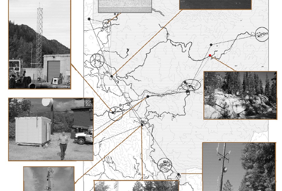 Basic park map with images of old equipment in those areas