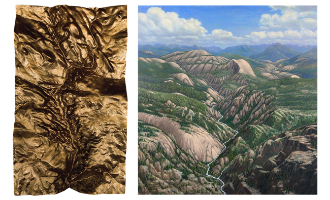 A bronze relief and an illustration of Yosemite Valley before it was formed.