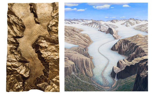 A bronze relief showing the formation of Yosemite Valley paired with an illustration of a glacier passing through and carving the valley.
