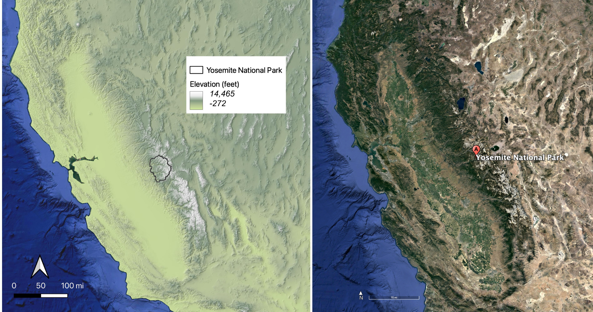 Two maps showing location of Yosemite National Park in a northwest-southeast-trending mountain range in east-central California