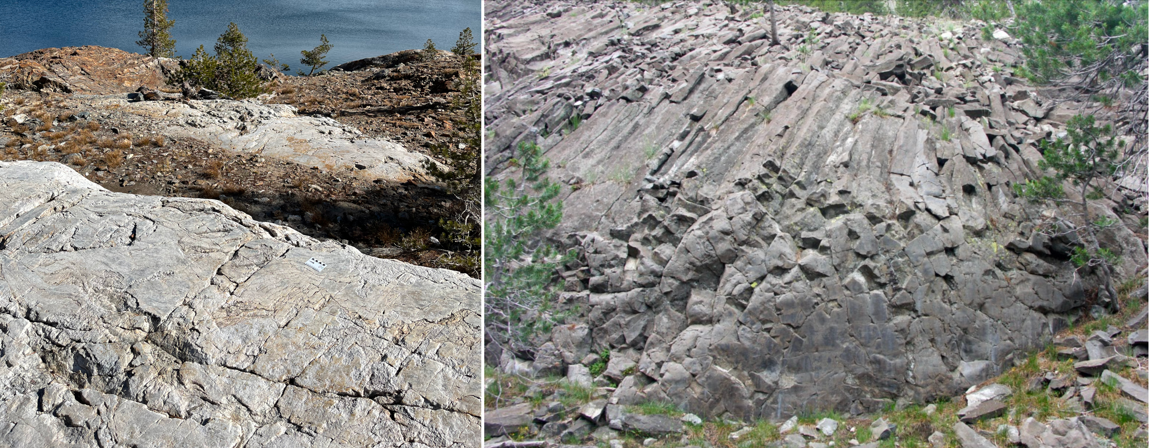 Two photos, with one showing glacially polished light rock and the other showing columnar-jointed andesite