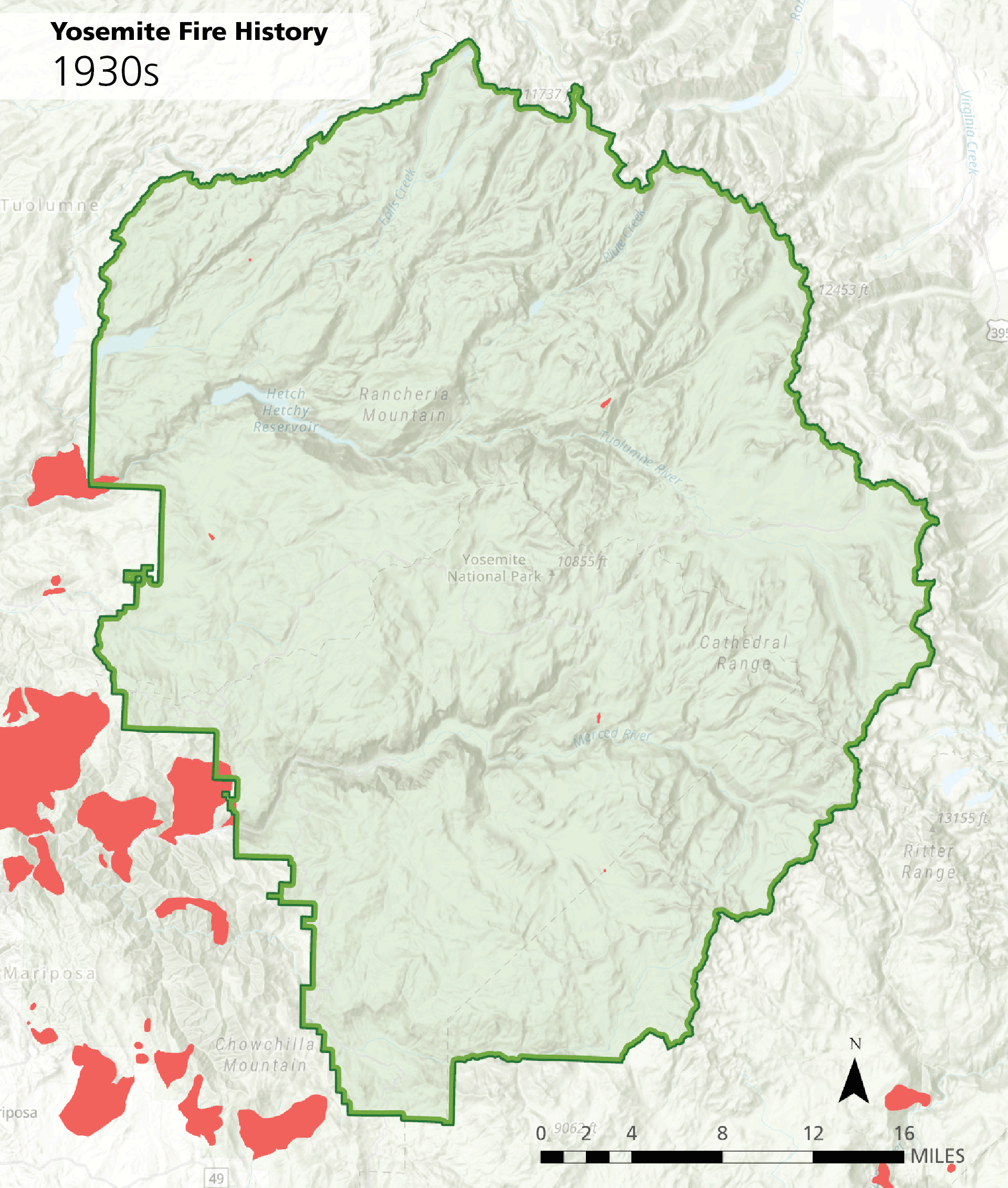 Animated map of Yosemite shows fire scars growing larger by decade.